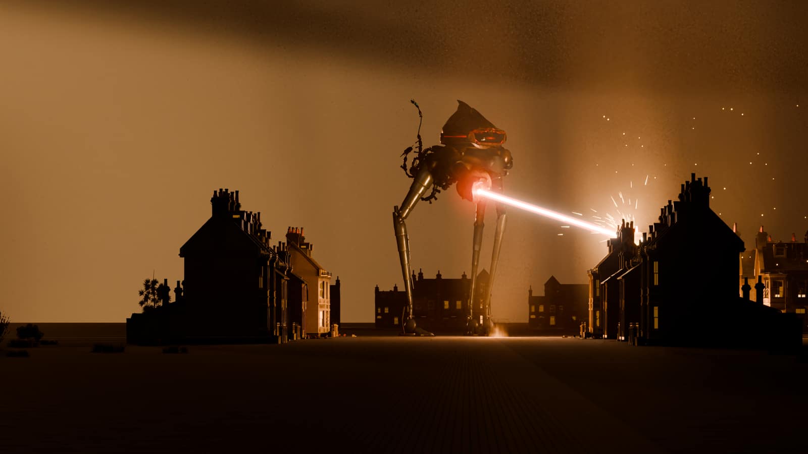 A Martian Fighting-Machine fires its Heat-Ray over a burning Victorian street at dusk.