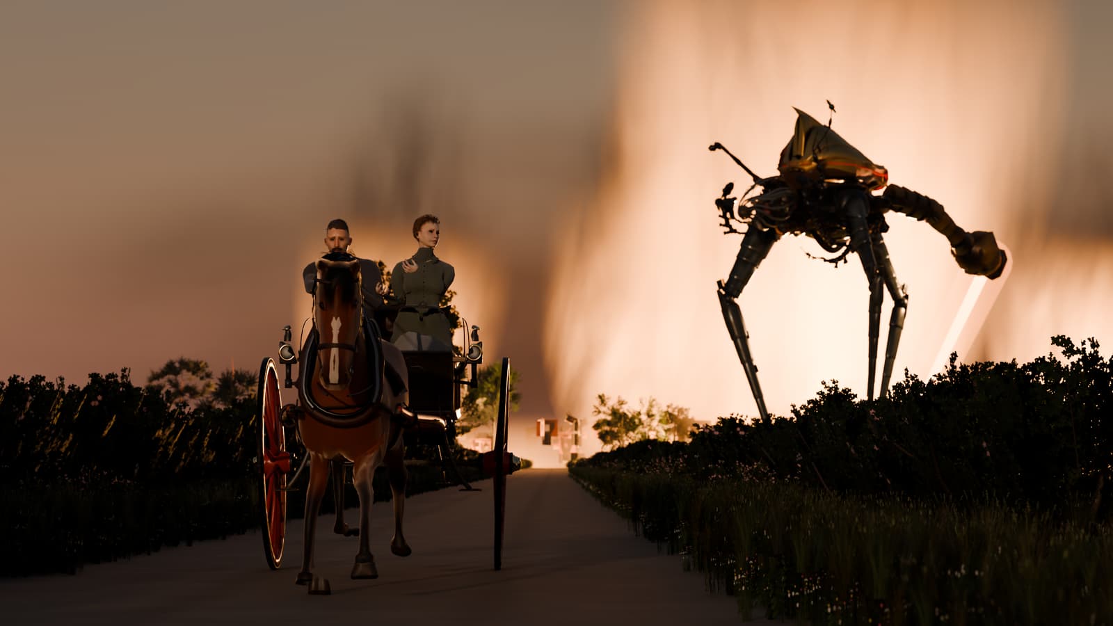 The narrator flees in a horse cart while a Fighting-Machine looms in the smoke behind him.
